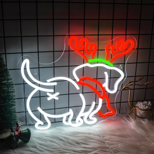 dog neon sign, led christmas elk horn light, dimmable cute puppy wall decor for home, holiday party