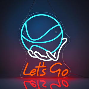 'let's go' basketball neon sign for wall decor 17"x12.6", dimmable led sign for room decor. ideal for boys' & men's bedrooms, living rooms, & sports man caves. cool blue & red basketball gifts idea!