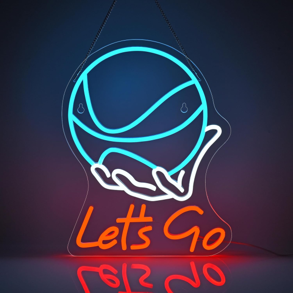 'let's go' basketball neon sign for wall decor 17"x12.6", dimmable led sign for room decor. ideal for boys' & men's bedrooms, living rooms, & sports man caves. cool blue & red basketball gifts idea!