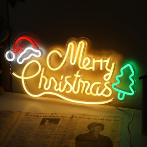 merry christmas neon sign, 16.7" x 7.9" acrylic christmas neon sign with xmas tree and santa hat, usb powered warm white leds for wall window bedroom living room home