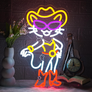 cowboy cat neon sign for wall decor, adjustable mode, led neon sign room decor for bar pub birthday party usb powered 10.24x16.54in