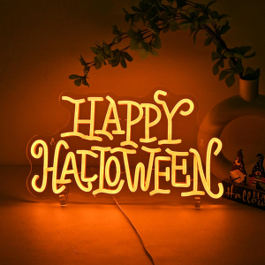 happy halloween neon light sign golden yellow letter led nights for all hallows' day party wall decor art decorations as a gift for children friends family 16.5'' * 19.4''