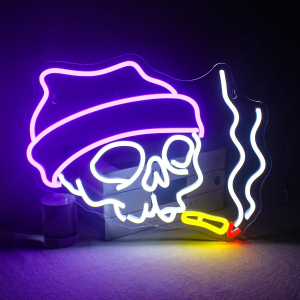 skull neon sign adjustable brightness led halloween decor for wall, bedroom, home, party light