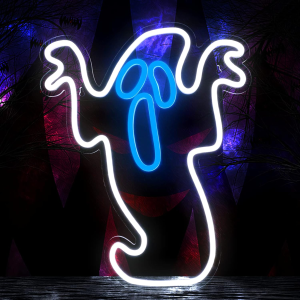 halloween ghost neon light flickering boo neon signs for wall decor 16.3x13 inch, usb powered led halloween ghost neon light for bedroom christmas gift for party decor kids game room bar, white