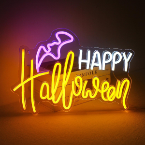 happy halloween neon sign, neon wall light signs, dimming led acrylic bat shape neon lights for man cave, bedroom, party