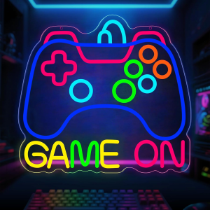 gamer neon signs for wall decor, gamepad shaped led neon lights for room usb powered led gaming light for game room decor gamer gifts for teen boys room decor (game on)