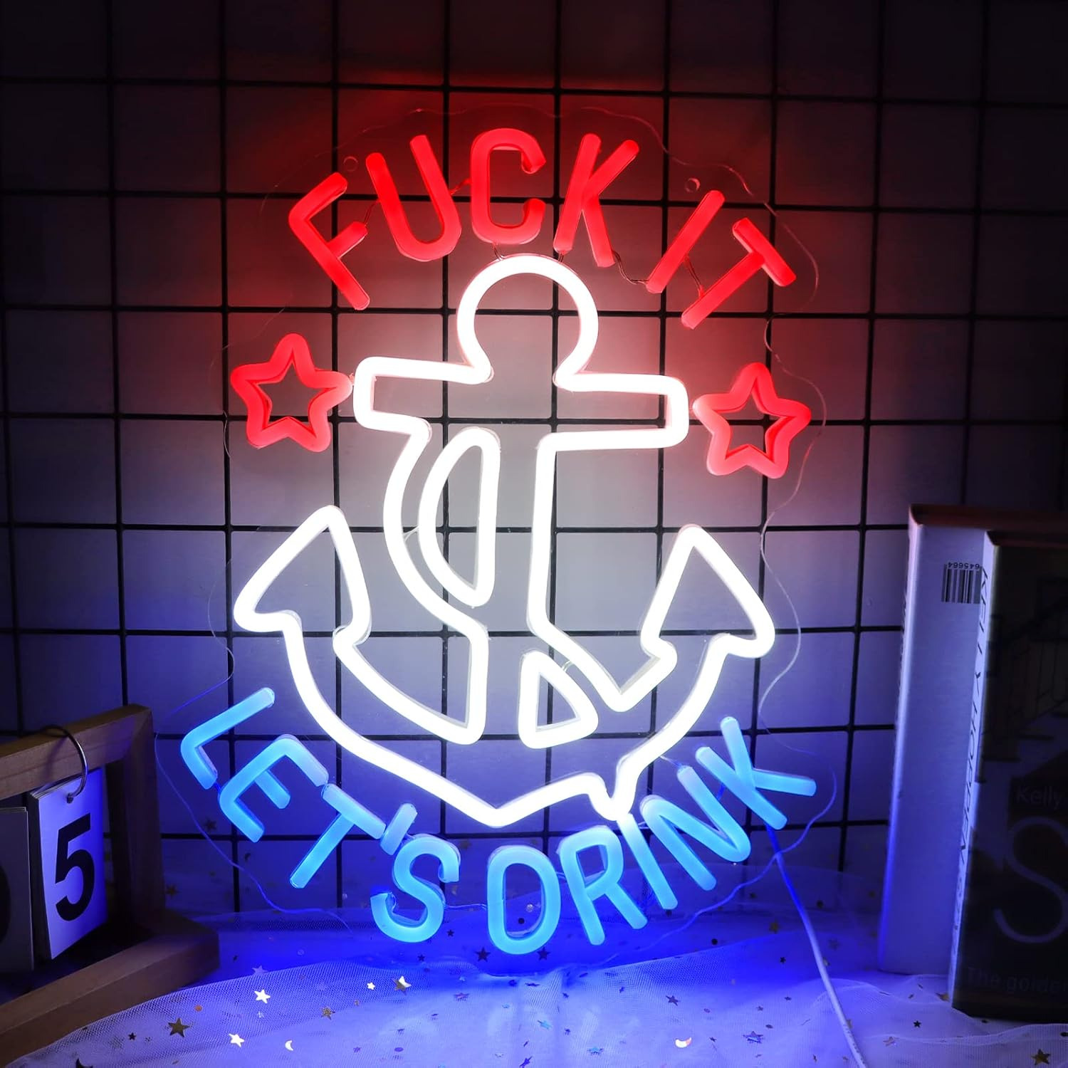 funk it let's drink neon signs for wall decor anchor decor neon lights for bedroom led signs suitable for man cave beer bar pub restaurant christmas 5v usb power, 14.5*16 inch(red+white+blue)
