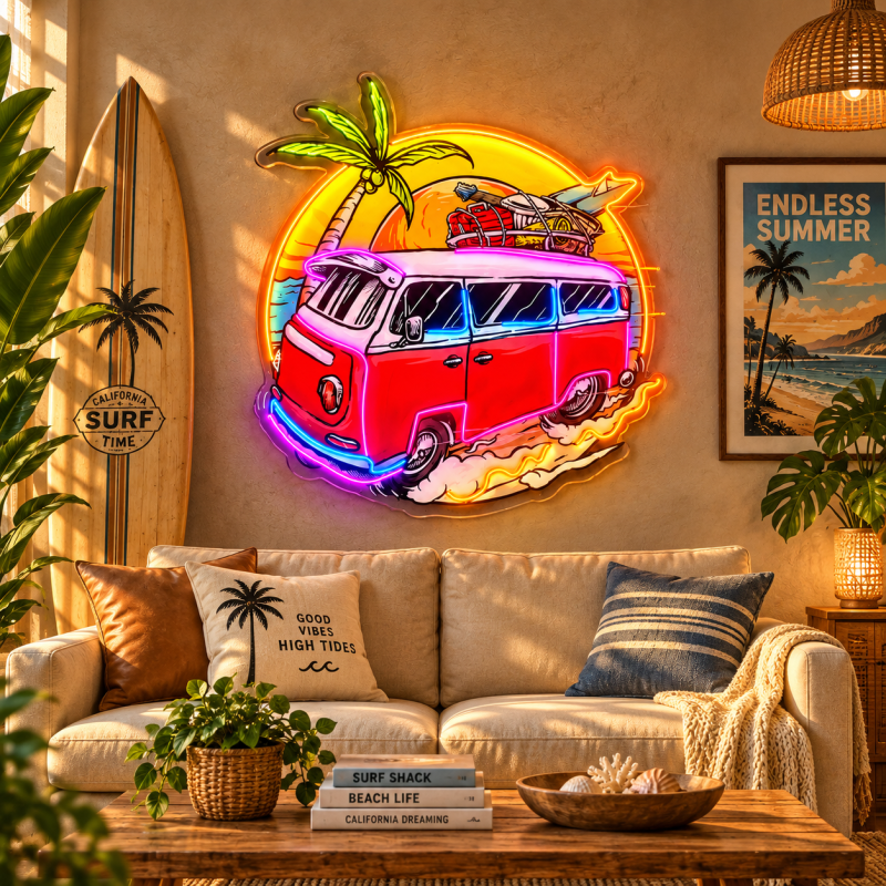 Retro Surf Van Neon Sign – Beach Sunset LED Wall Art
