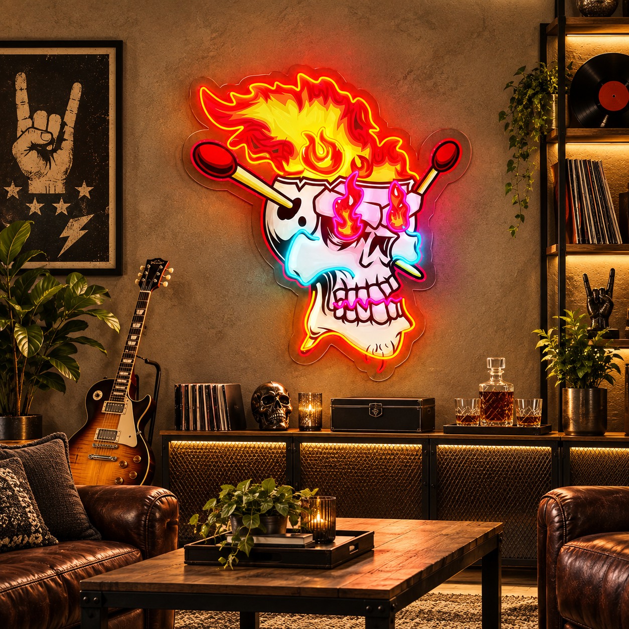Drummer Skull Neon Sign – Flaming Rock Music LED Wall Art