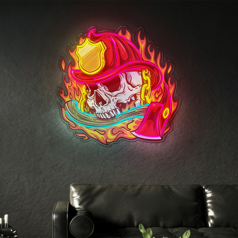 Firefighter-themed skull LED neon light decoration
