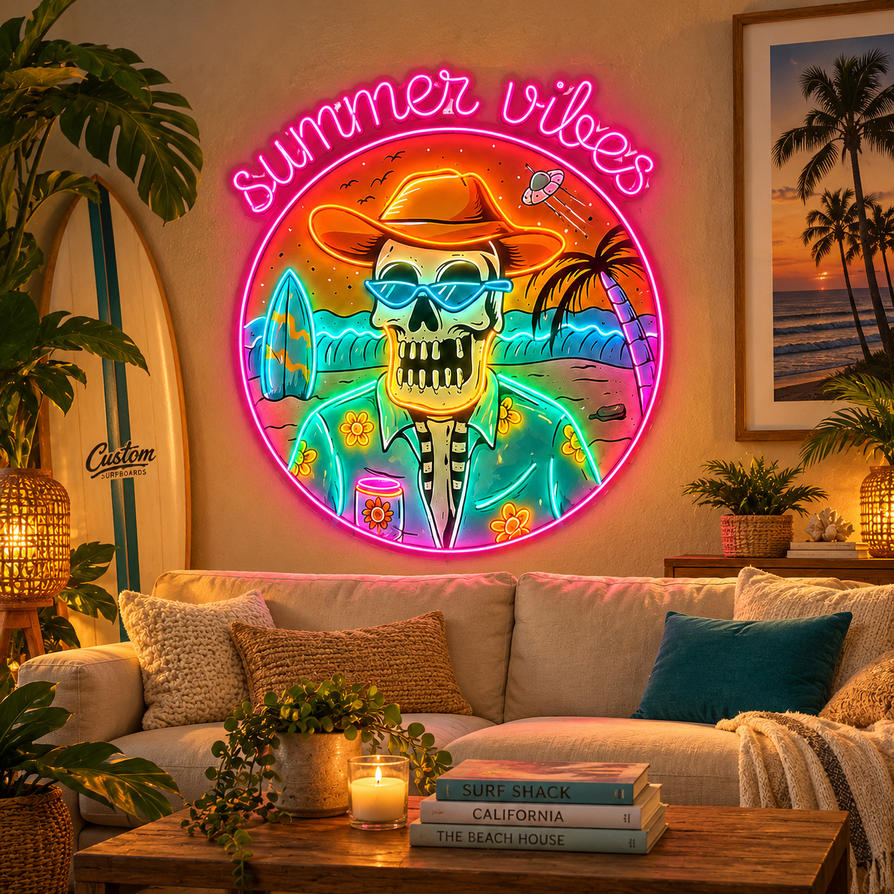 Summer Vibes Skull Neon Sign – Tropical LED Wall Art