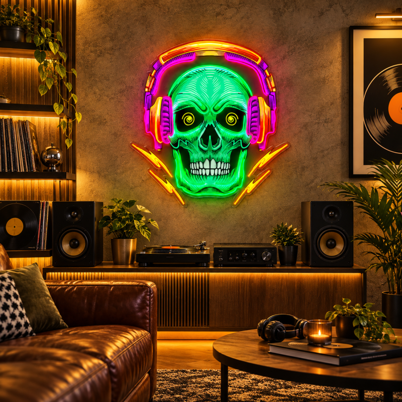 Skull Neon Sign with Headphones – Gaming Room LED Wall Decor