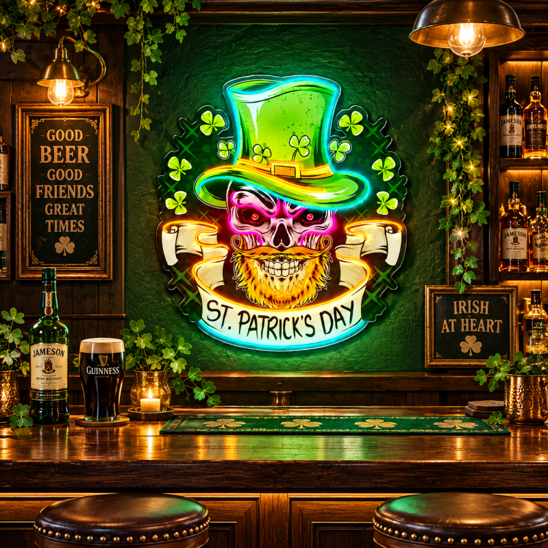 St. Patrick's Day Neon Sign – Irish Skull LED Bar Decor