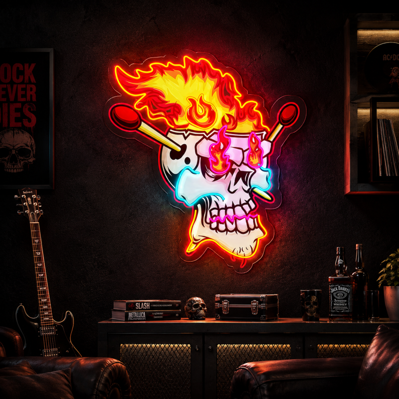 Flaming Drummer Skull LED Neon Decoration