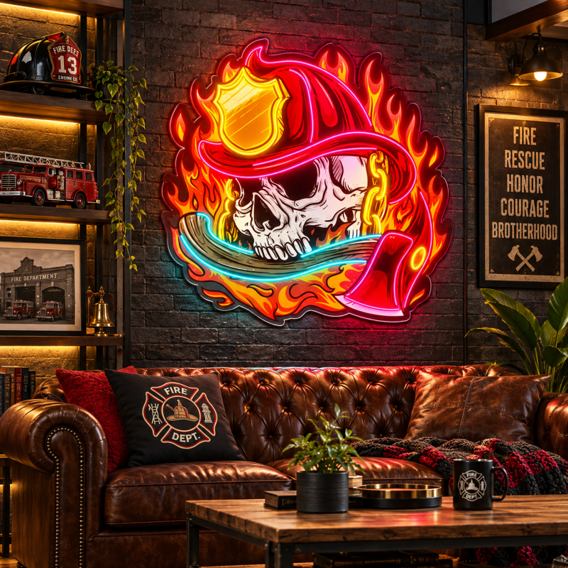 Firefighter Skull Neon Sign – Flaming Fireman LED Wall Art