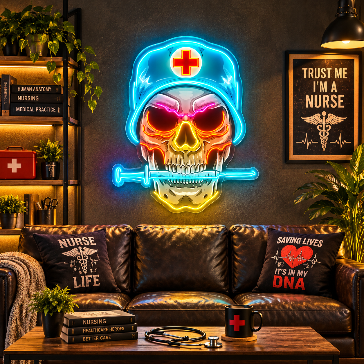 Nurse Skull Neon Sign – Medical Gothic LED Wall Art