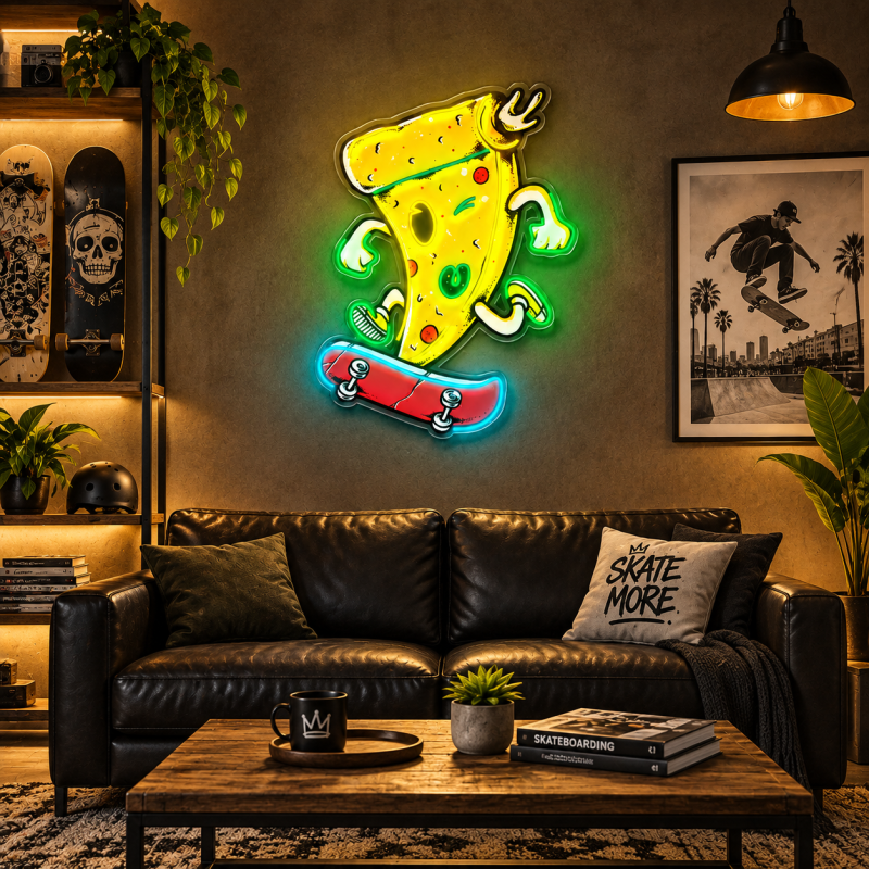 Skateboarding Pizza Neon Sign – Funny Pizza LED Wall Art