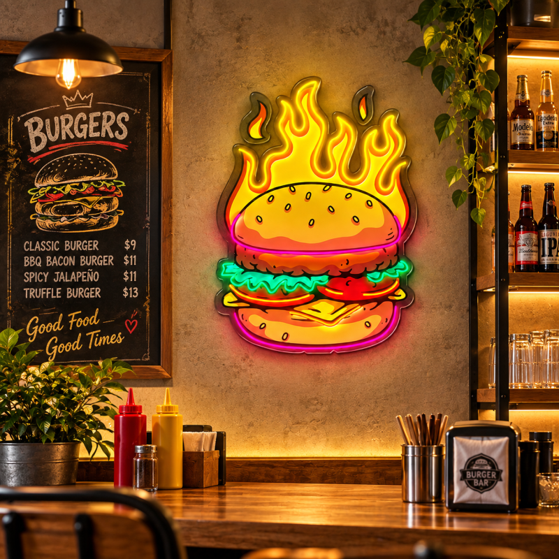 Flaming Burger Neon Sign – LED Burger Wall Art for Restaurants