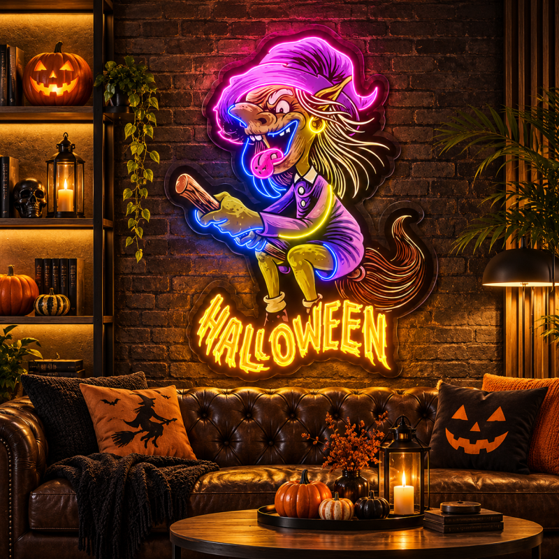Halloween Witch Neon Sign – Flying Witch LED Wall Art
