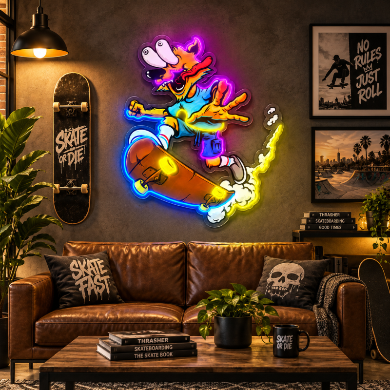 Funny Skateboard Wolf Neon Sign – Cartoon LED Wall Art