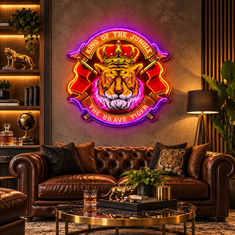 King of the Jungle Tiger Neon Sign – Crowned Tiger LED Wall Art