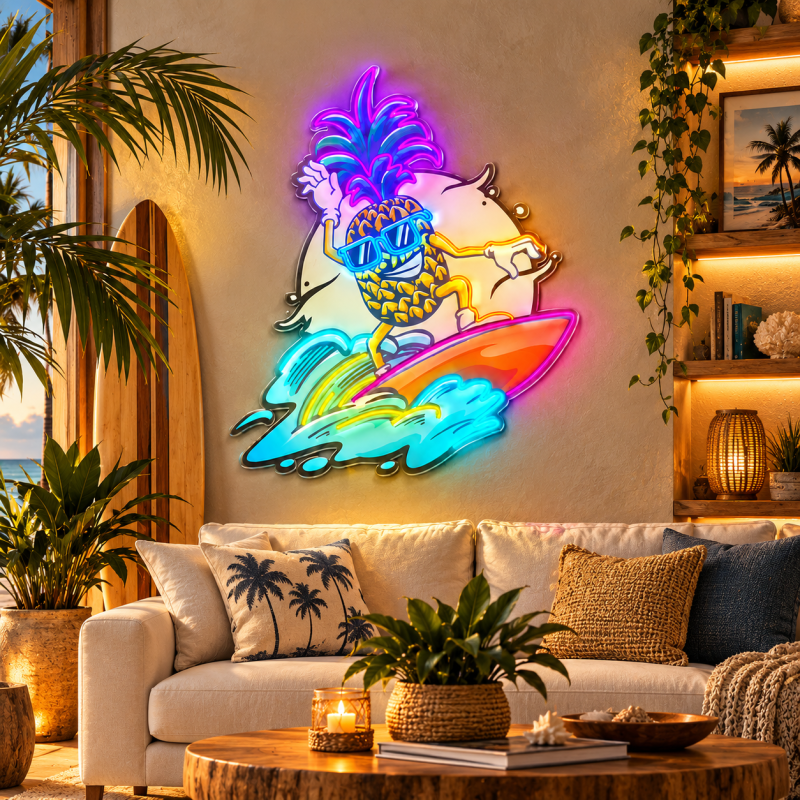 Surfing Pineapple Neon Sign – Tropical Beach LED Wall Art