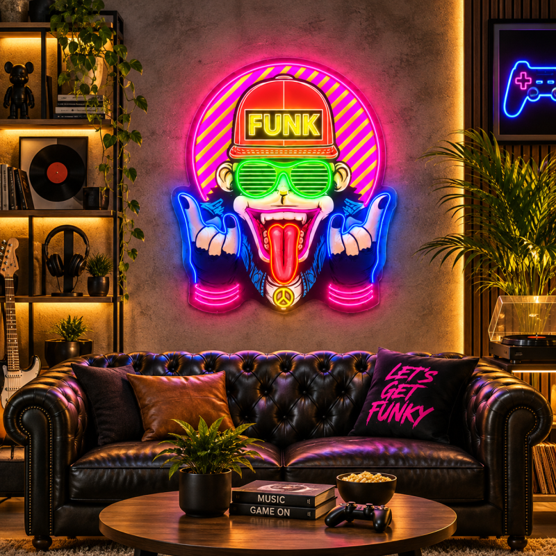Retro DJ Monkey Neon Sign – Synthwave LED Wall Art