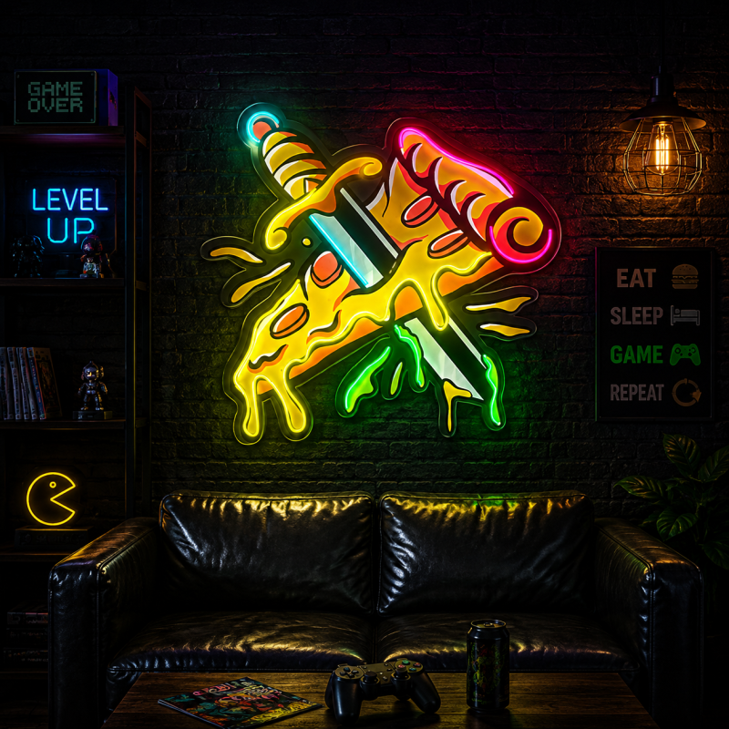 Pizza and sword cross LED neon decoration