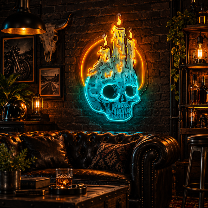 Candle Skull Neon Sign – Flaming Skull LED Wall Art