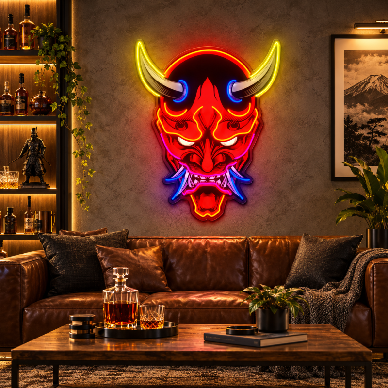 Japanese Oni Mask Neon Sign – Demon LED Wall Art