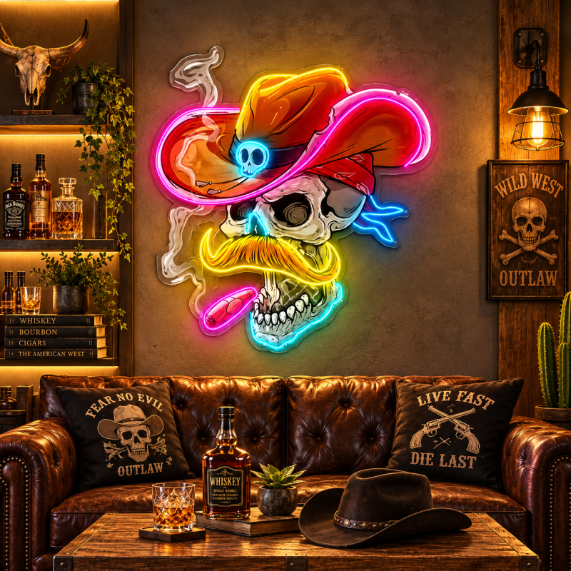 Western Cowboy Skull Neon Sign – Outlaw LED Wall Art