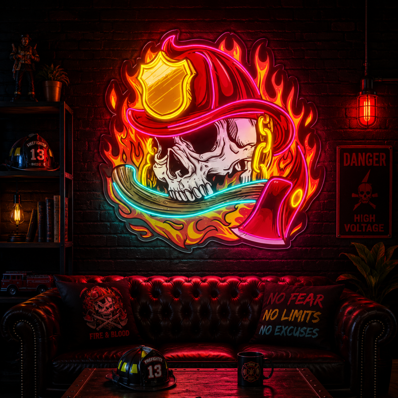 Firefighter-themed skull LED neon light decoration