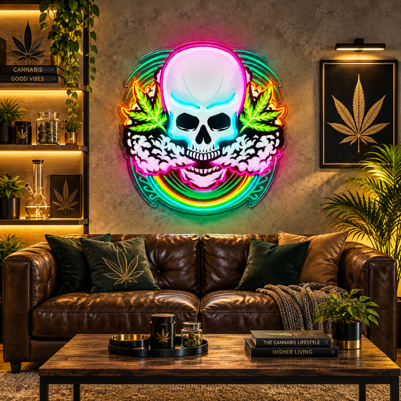 Cannabis Skull Neon Sign – Weed Leaf LED Wall Art