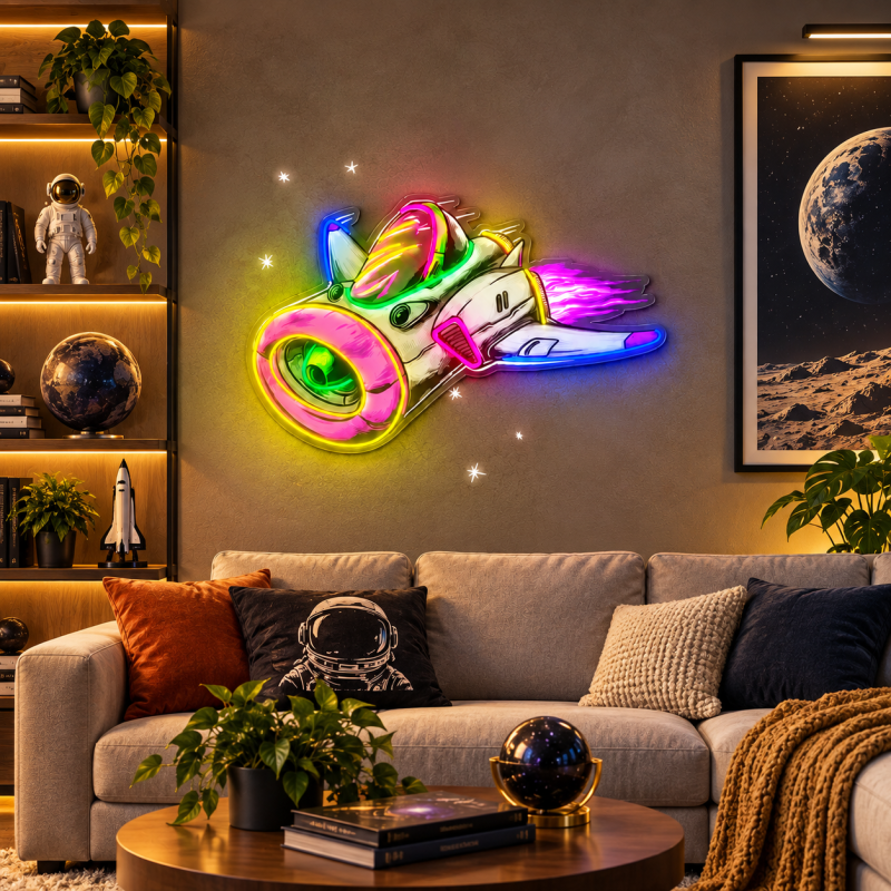 Retro Sci-Fi Rocket Neon Sign – Space LED Wall Art