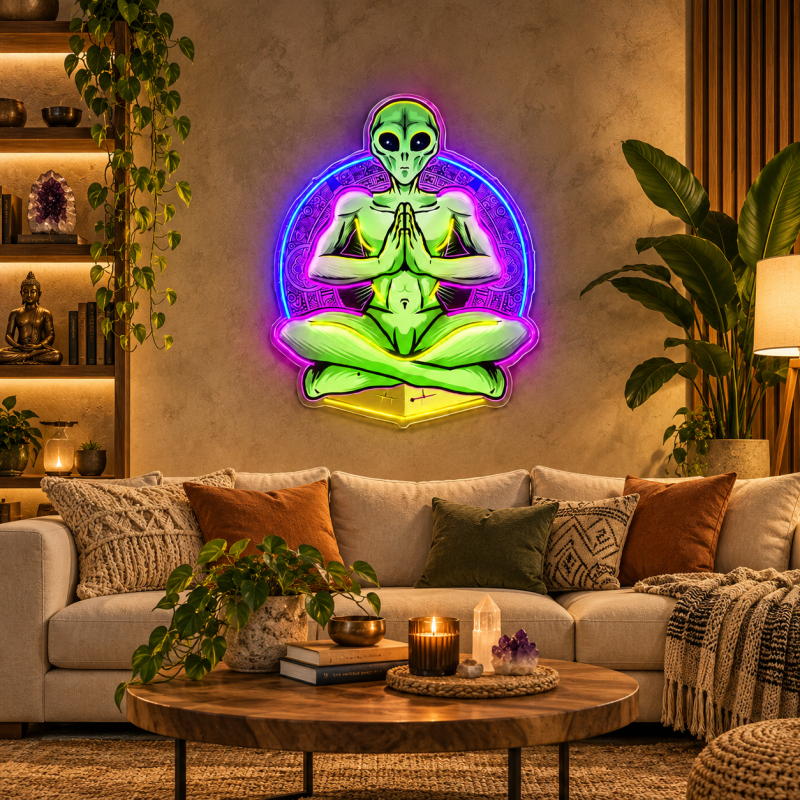 Meditating Alien Neon Sign – Zen Alien LED Wall Art