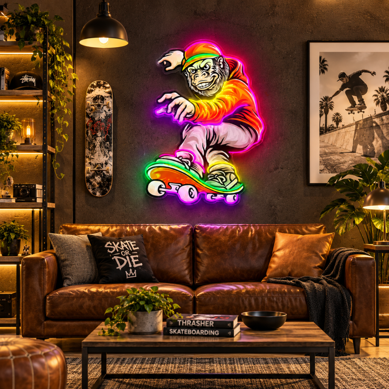Skateboard Gorilla Neon Sign – Street Style LED Wall Art