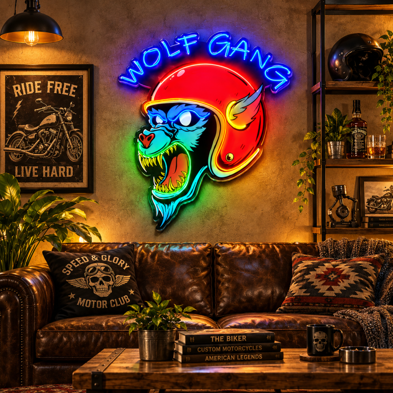 Wolf Gang Neon Sign – Motorcycle Wolf Head LED Wall Art