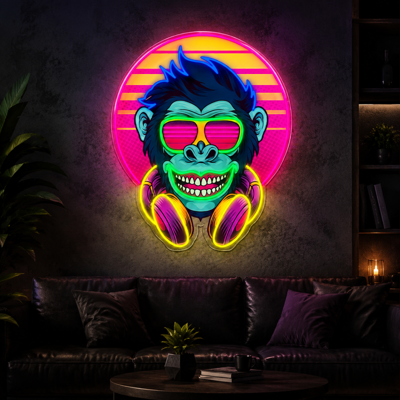DJ Monkey LED Neon Sign – Retro Monkey Neon Light Wall Decor for Gaming Room, Bar, Bedroom & Man Cave