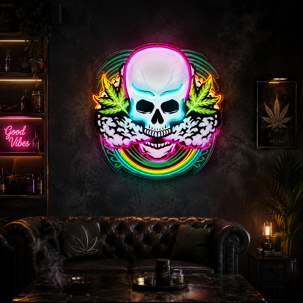 Hemp leaf smoke skull LED neon light decoration