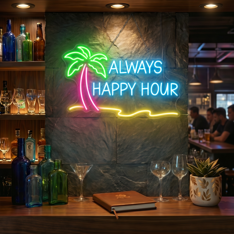 ALWAYS HAPPY HOUR Palm Tree LED Neon Sign Wall Decor