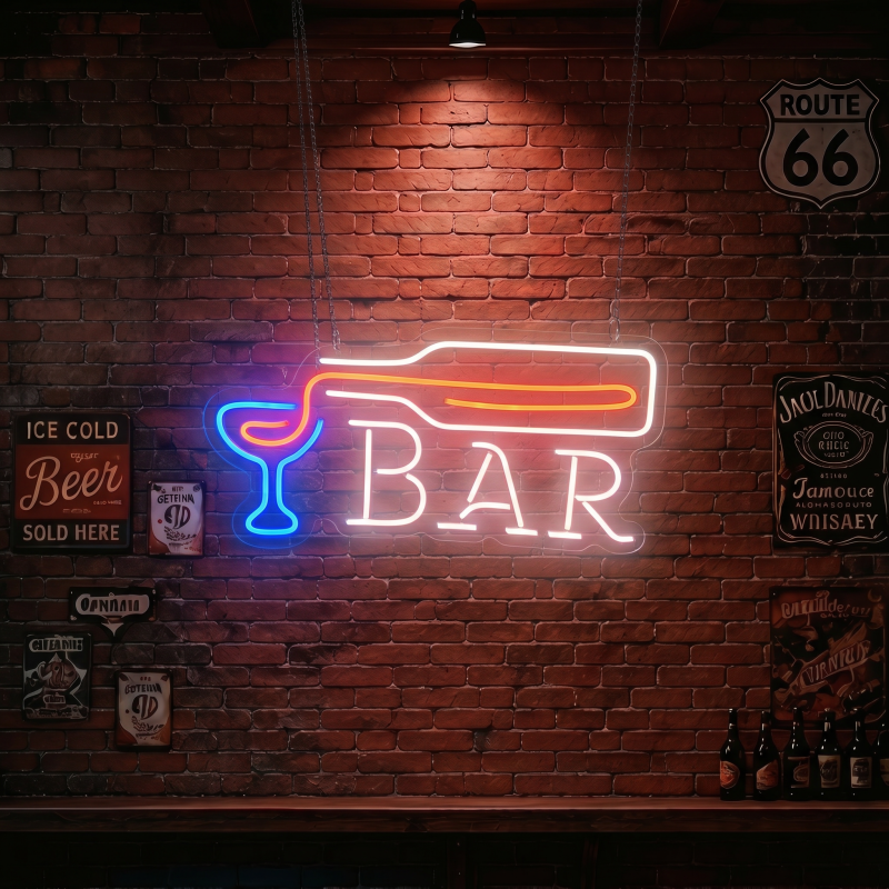 BAR Wine Bottle & Glass LED Neon Sign Wall Decor