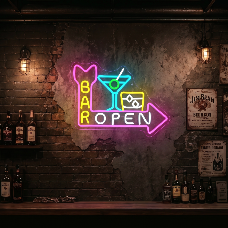BAR OPEN Cocktail & Whiskey Arrow LED Neon Sign Wall Decor