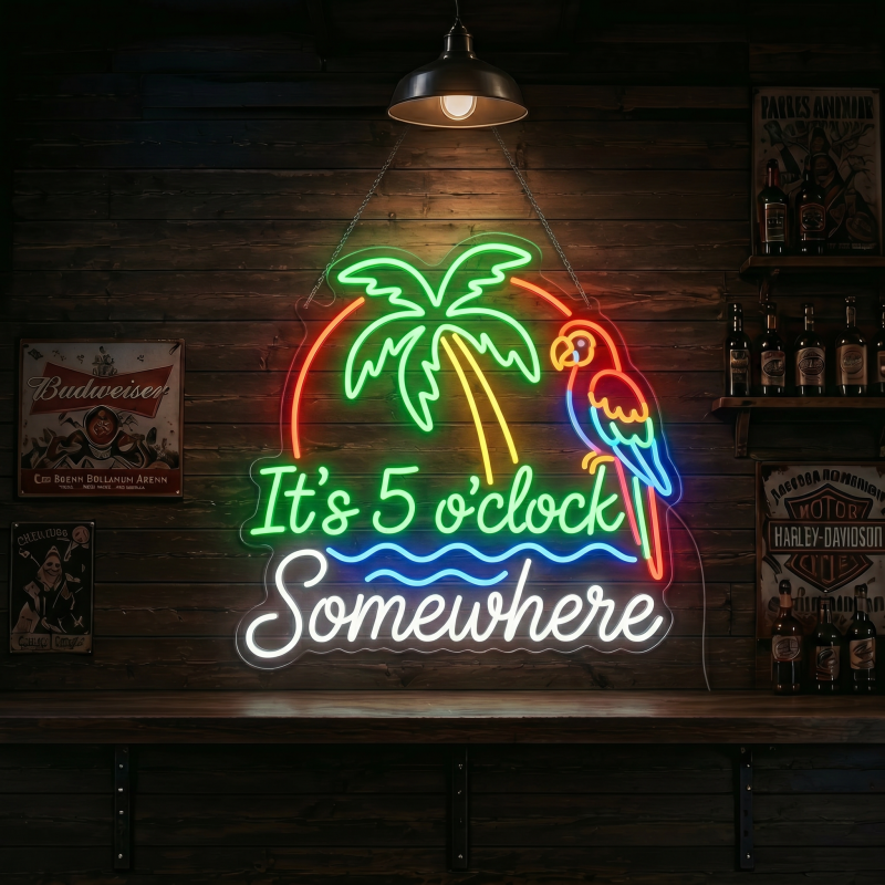 "It's 5 o'clock Somewhere" Palm Tree Parrot LED Neon Sign Wall Decor
