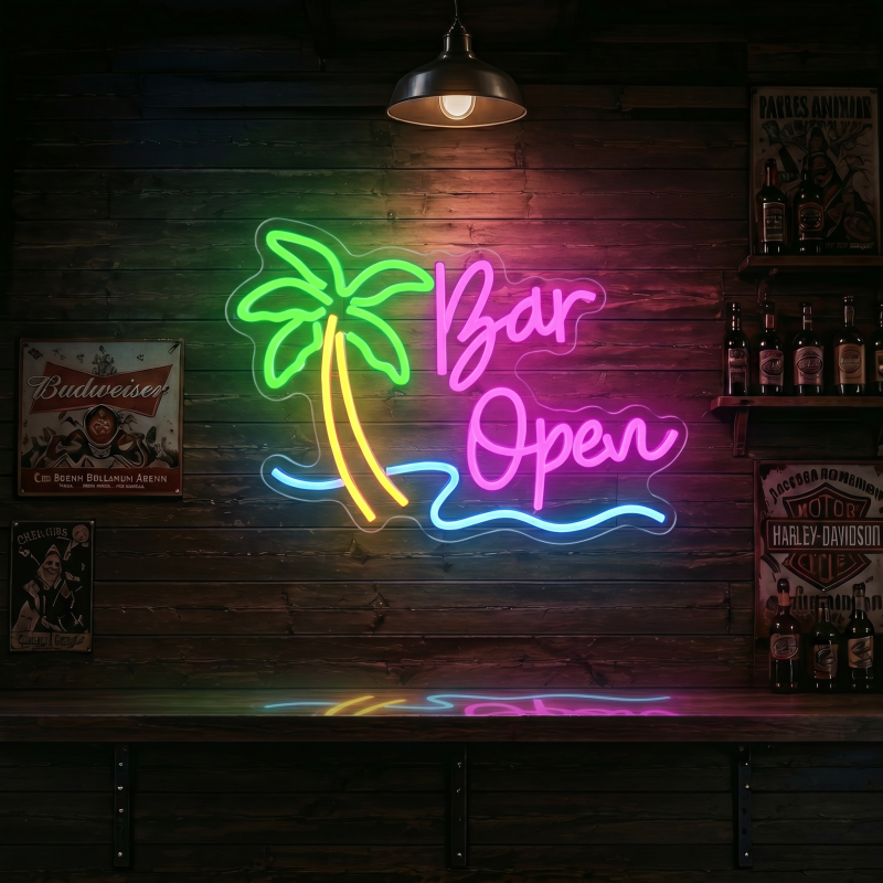 Bar Open Palm Tree LED Neon Sign Wall Decor