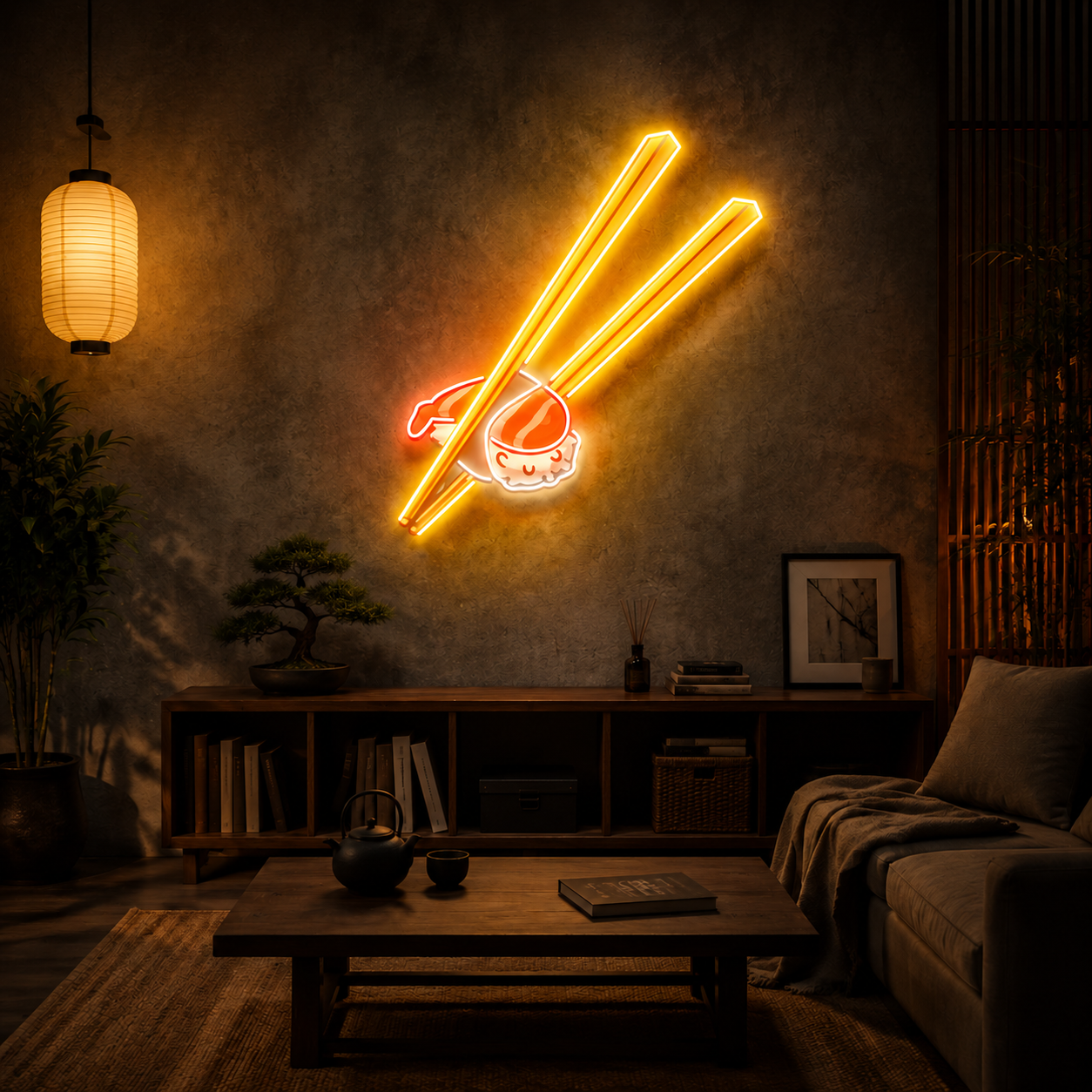 Cartoon Sushi With Chopsticks UV Print Neon Wall Art