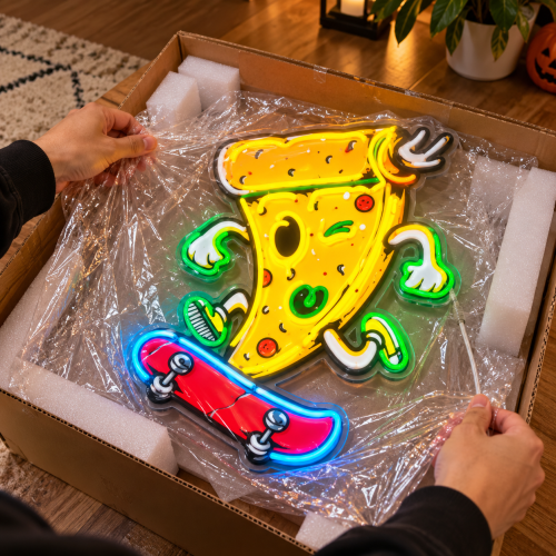 Skateboarding Pizza Neon Sign – Funny Pizza LED Wall Art photo review