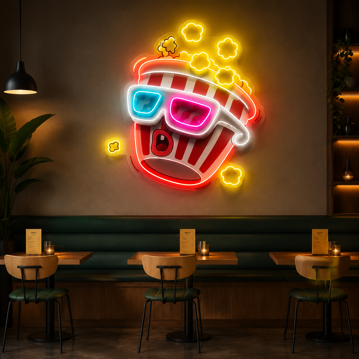 Popcorn LED Neon Sign – 3D Glasses Wall Decor for Home Theaters & Game Rooms
