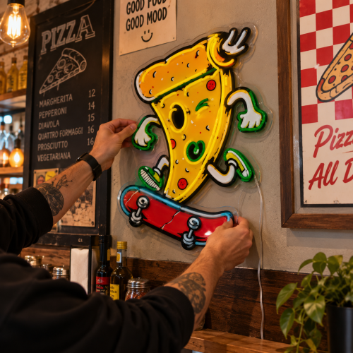 Skateboarding Pizza Neon Sign – Funny Pizza LED Wall Art photo review