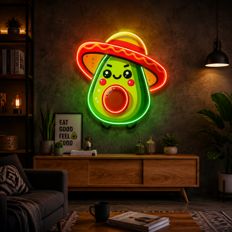 Avocado LED Neon Sign – Cute Sombrero Wall Decor for Kitchens & Mexican Restaurants