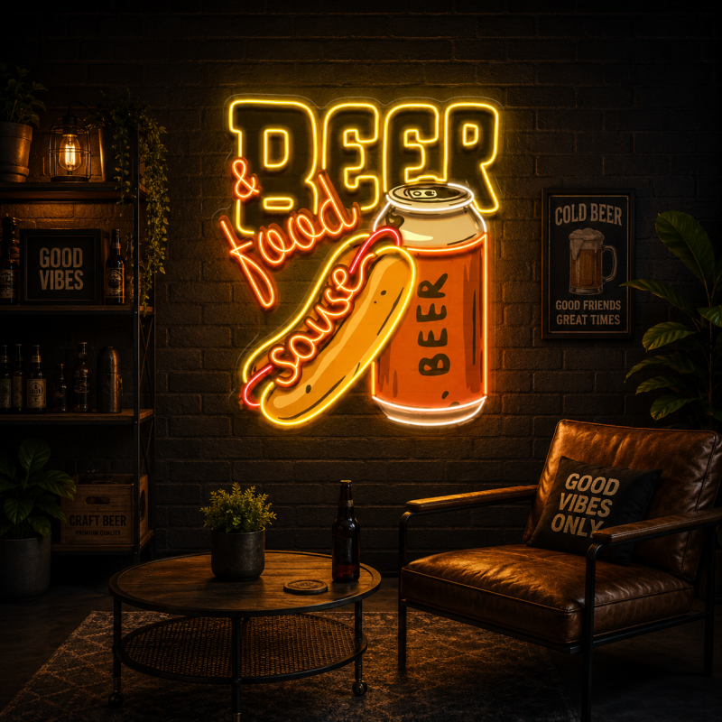 Beer & Hot Dog LED Neon Sign – Food & Beer Wall Decor for Bars & Game Rooms
